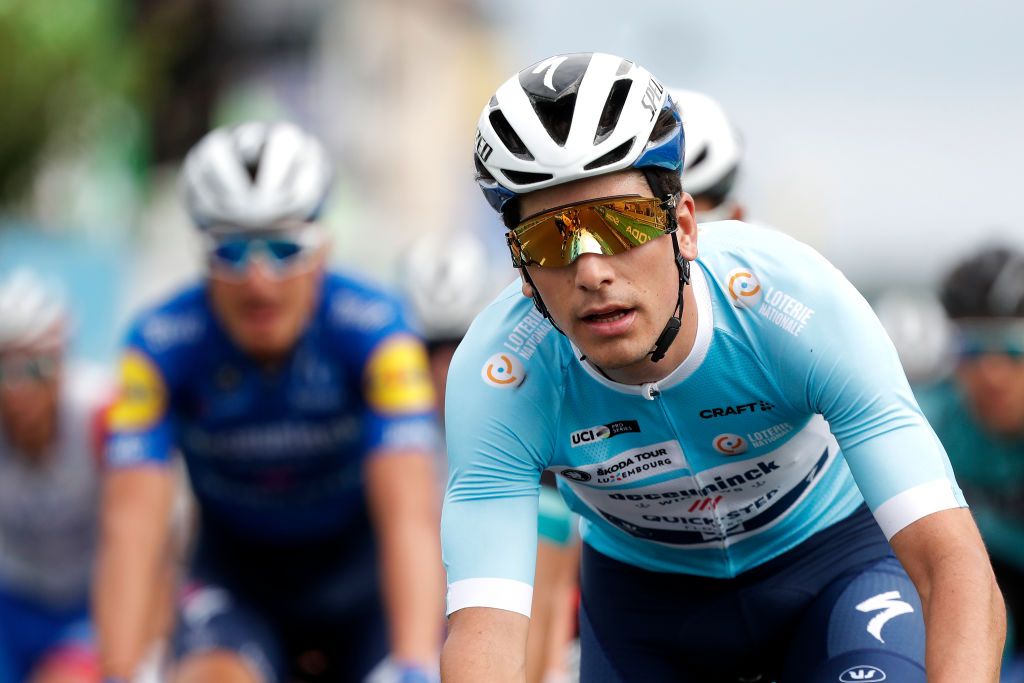 MAMER LUXEMBOURG SEPTEMBER 16 Joo Almeida of Portugal and Team Deceuninck QuickStep blue points jersey crosses the finishing line during the 81st SkodaTour De Luxembourg 2021 Stage 3 a 1893km stage from MondorfLesBains to Mamer 300m skodatour skodatour on September 16 2021 in Mamer Luxembourg Photo by Bas CzerwinskiGetty Images