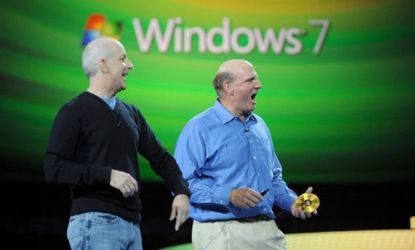 Windows president Steven Sinofsky (left) laughs with Microsoft CEO Steve Ballmer during a 2009 presentation. Sinofsky has abruptly resigned after 23 years at the company.
