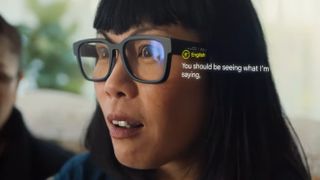 A woman wearing Google's translation glasses