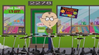 Mr. Mackey looking at the scooters in South Park.