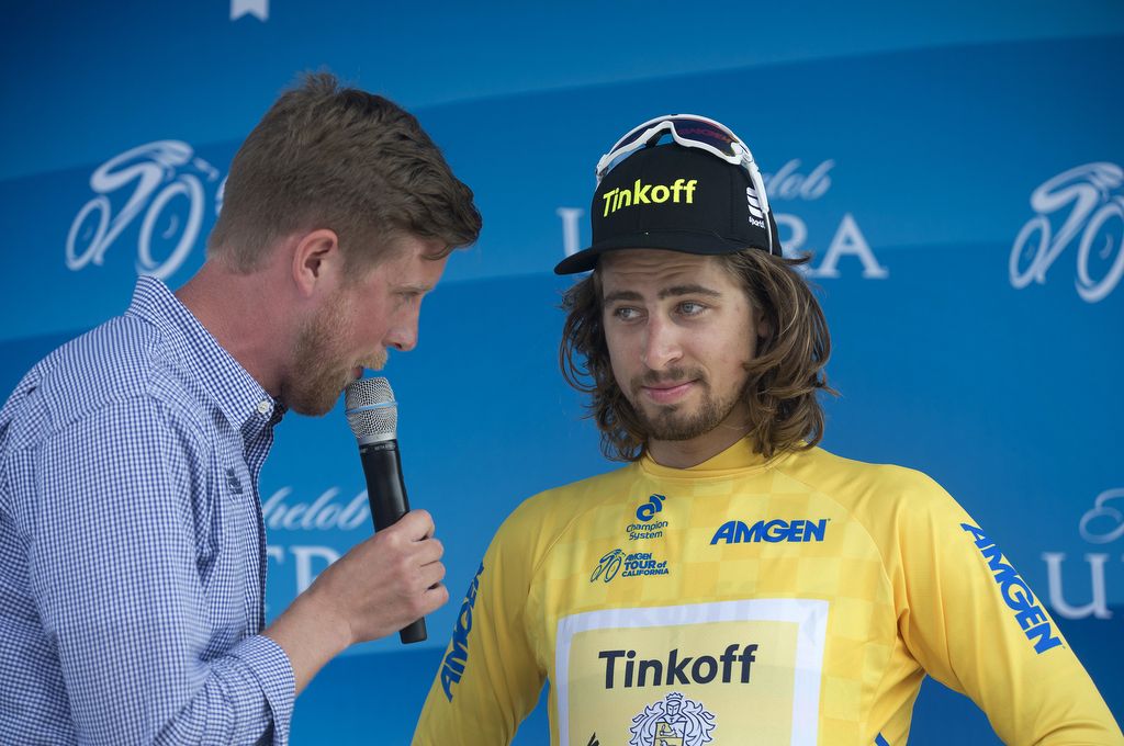 Race leader Peter Sagan is interviewed post-stage
