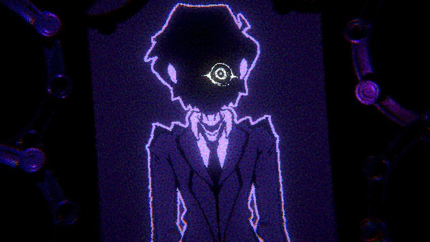one eyed man with void face in suit in purplish void