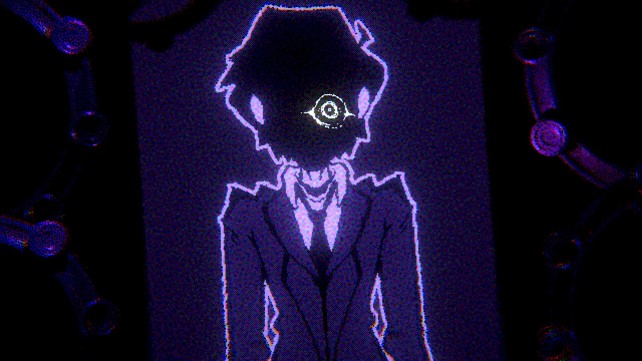 one eyed man with void face in suit in purplish void