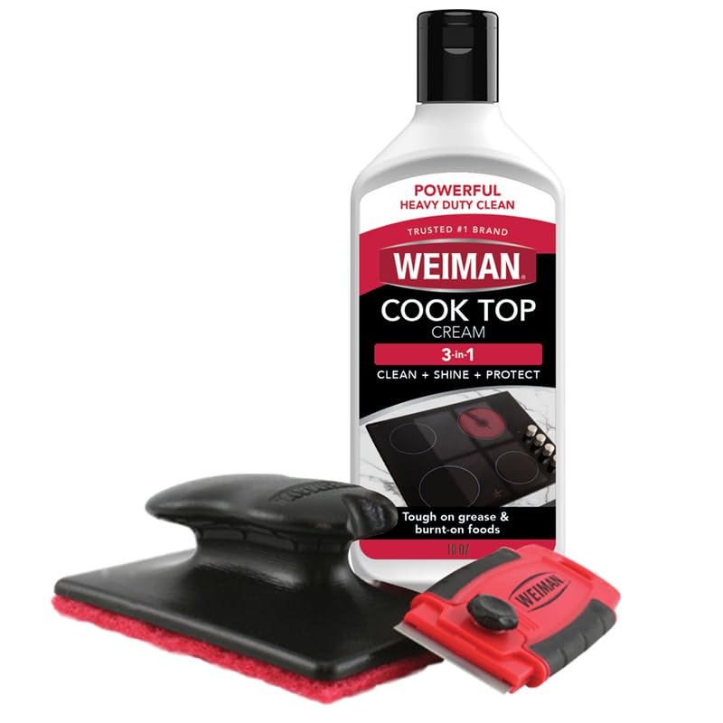 Weiman Glass &amp;amp; Ceramic Cooktop, Stove Top &amp;amp; Oven Cleaner Kit &amp;ndash; Kitchen Cleaner Cream, 3 Scrubbing Pads &amp;amp; Scraper for Burnt-On Food &amp;amp; Grease, Clean Shine - Safe for Induction, Electric &amp;amp; Gas Cooktops