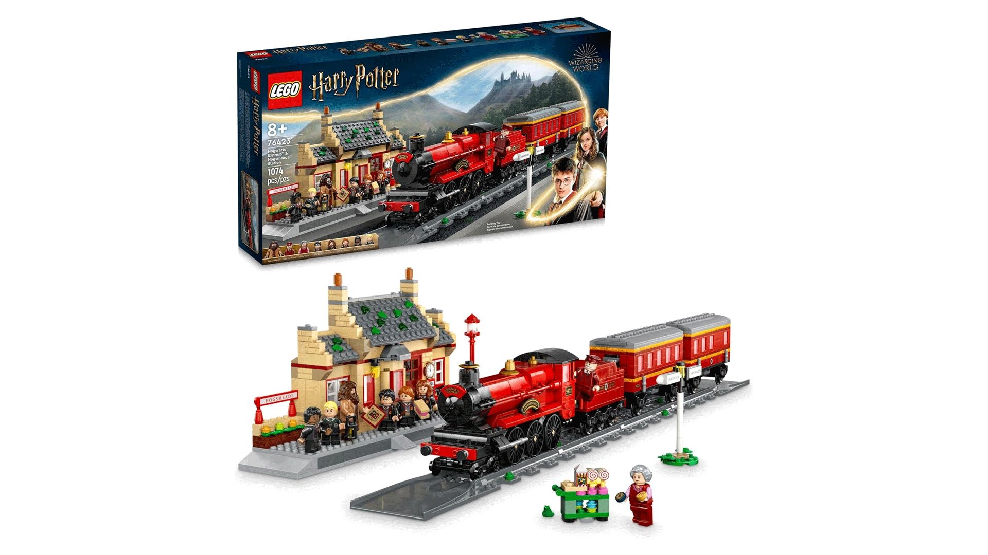 The Lego Harry Potter Hogwarts Express built with the box beside it