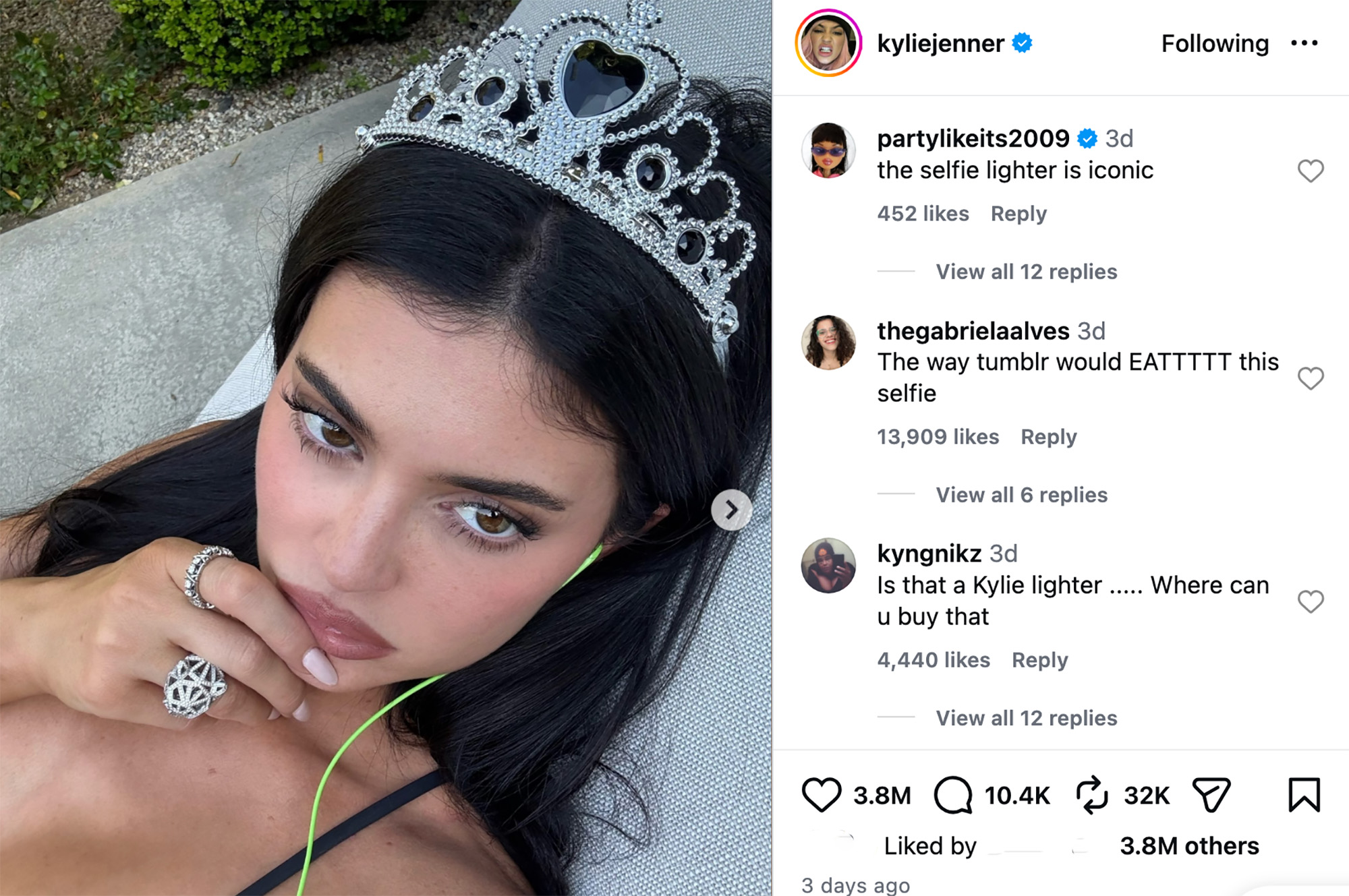 A screenshot of fan comments about a lighter on Kylie Jenner's bling-filled post.