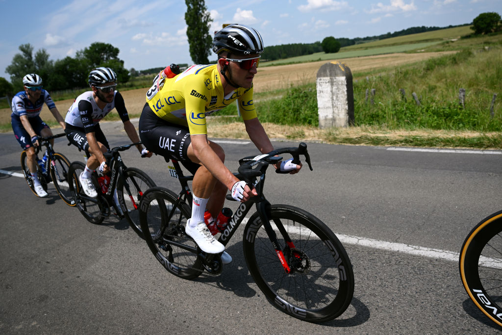SALINSLESBAINS JUNE 08 Mikkel Bjerg of Denmark and UAE Team Emirates Yellow leader jersey competes during the 75th Criterium du Dauphine 2023 Stage 5 a 1911km stage from CormoranchesurSane to SalinslesBains UCIWT on June 08 2023 in SalinslesBains France Photo by Dario BelingheriGetty Images