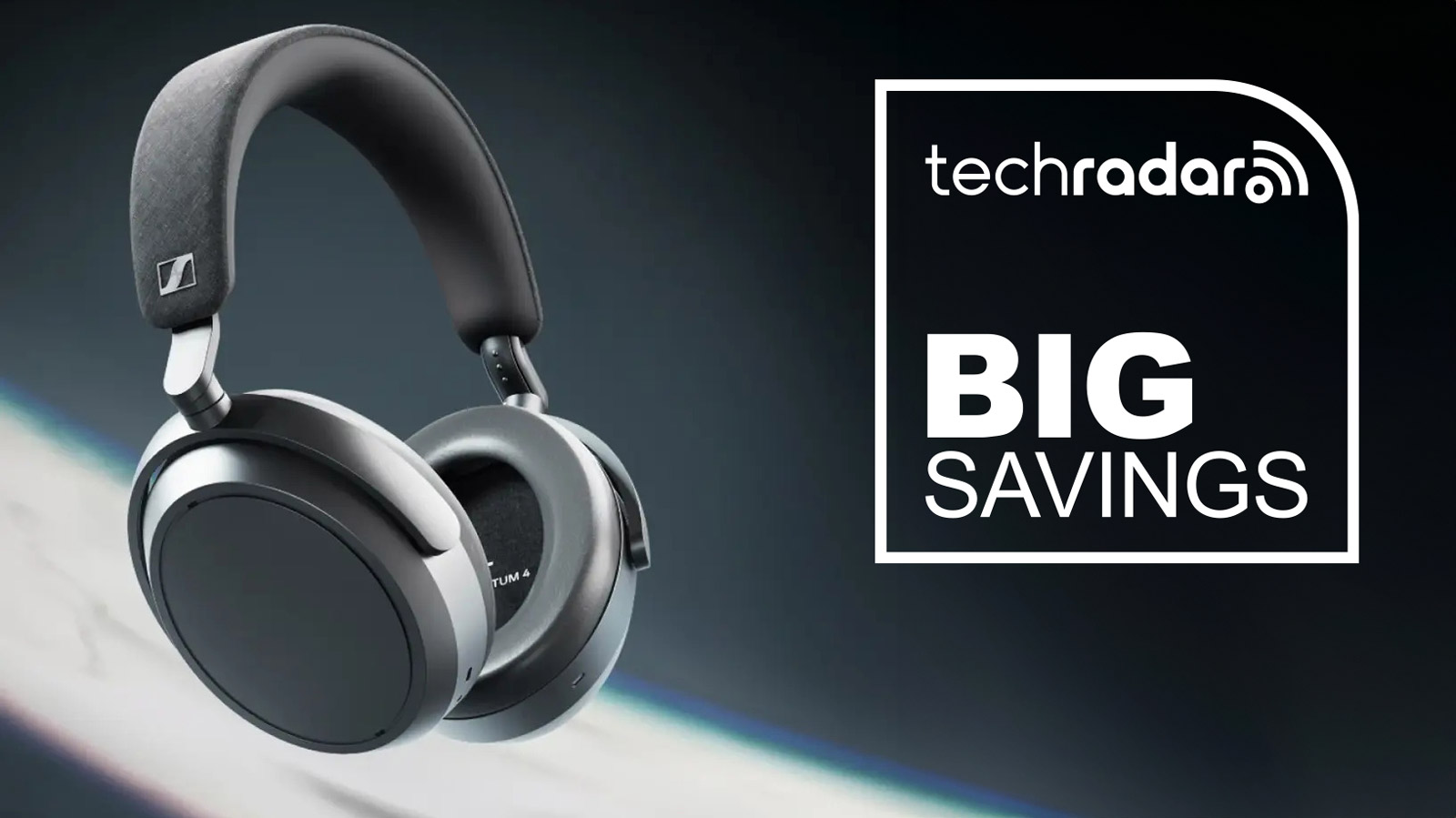 Sennheiser Momentum 4 Wireless in Graphite on a dark blue background, with "Big Savings" text in white.