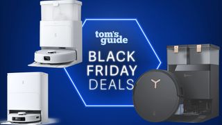 Three Ecovacs Deebot robot vacuums on a dark blue background with Tom's Guide Black Friday deals overlay