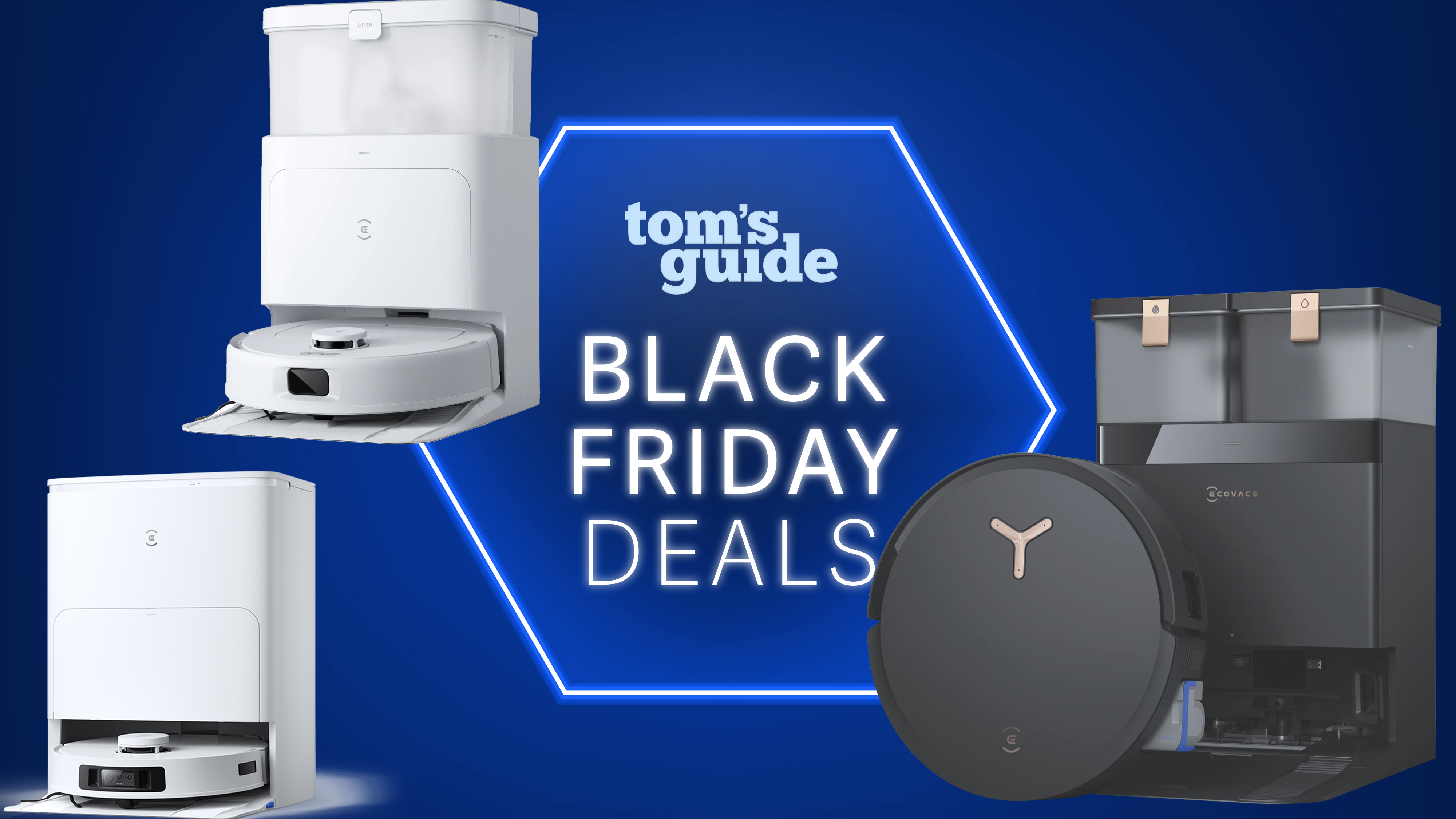 Three Ecovacs Deebot robot vacuums on a dark blue background with Tom&#039;s Guide Black Friday deals overlay