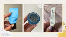 Collage of three empties pictures (L-R) from Belif, Tatcha and Kiehl's, on a beige background with cream and oil swatches