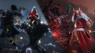 Paired screenshots of a Lies of P puppet boss and a Nioh 3 samurai warlord.