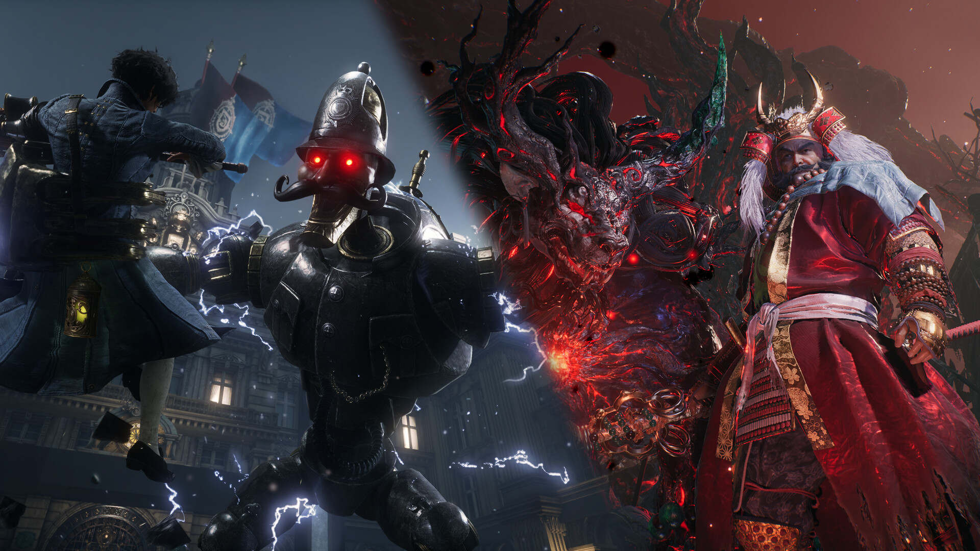 Paired screenshots of a Lies of P puppet boss and a Nioh 3 samurai warlord.