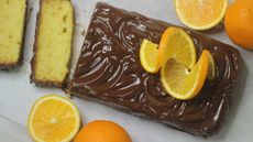 jaffa cakes cake with orange sponge and chocolate ganache on a board