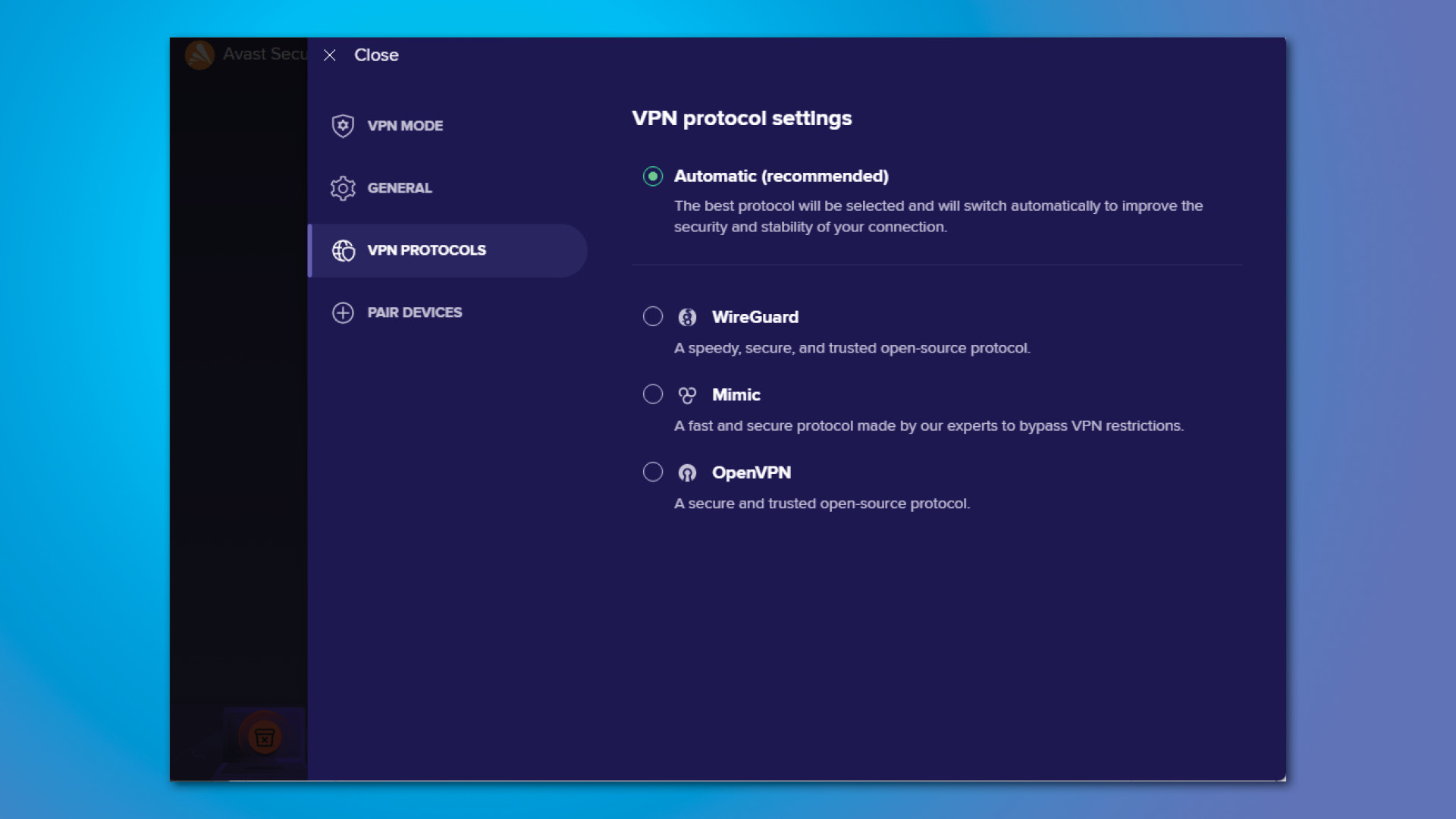 Avast SecureLine PC VPN protocol
