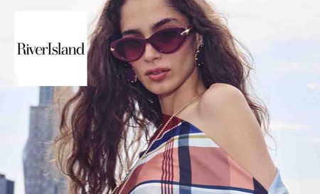 river island logo top left with a model posing with sunglasses