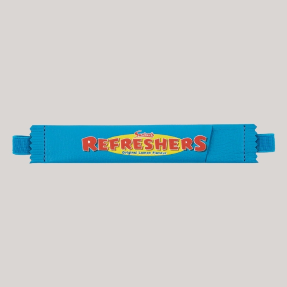 A pen case bookmark in light blue leather reads "REFRESHERS" in red characters against a yellow blob.