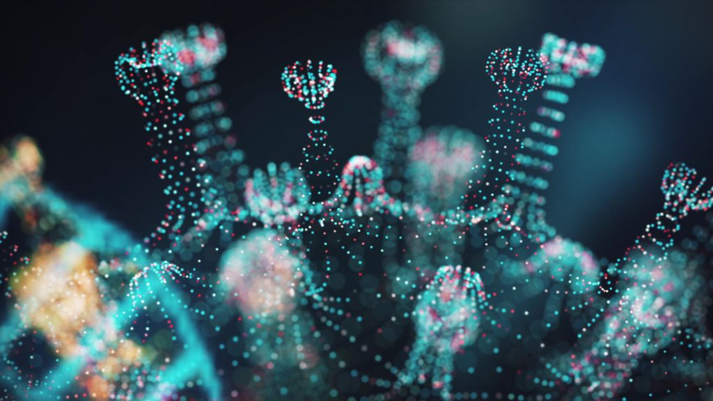 Conceptual illustration of coronavirus spike proteins on the surface of the virus