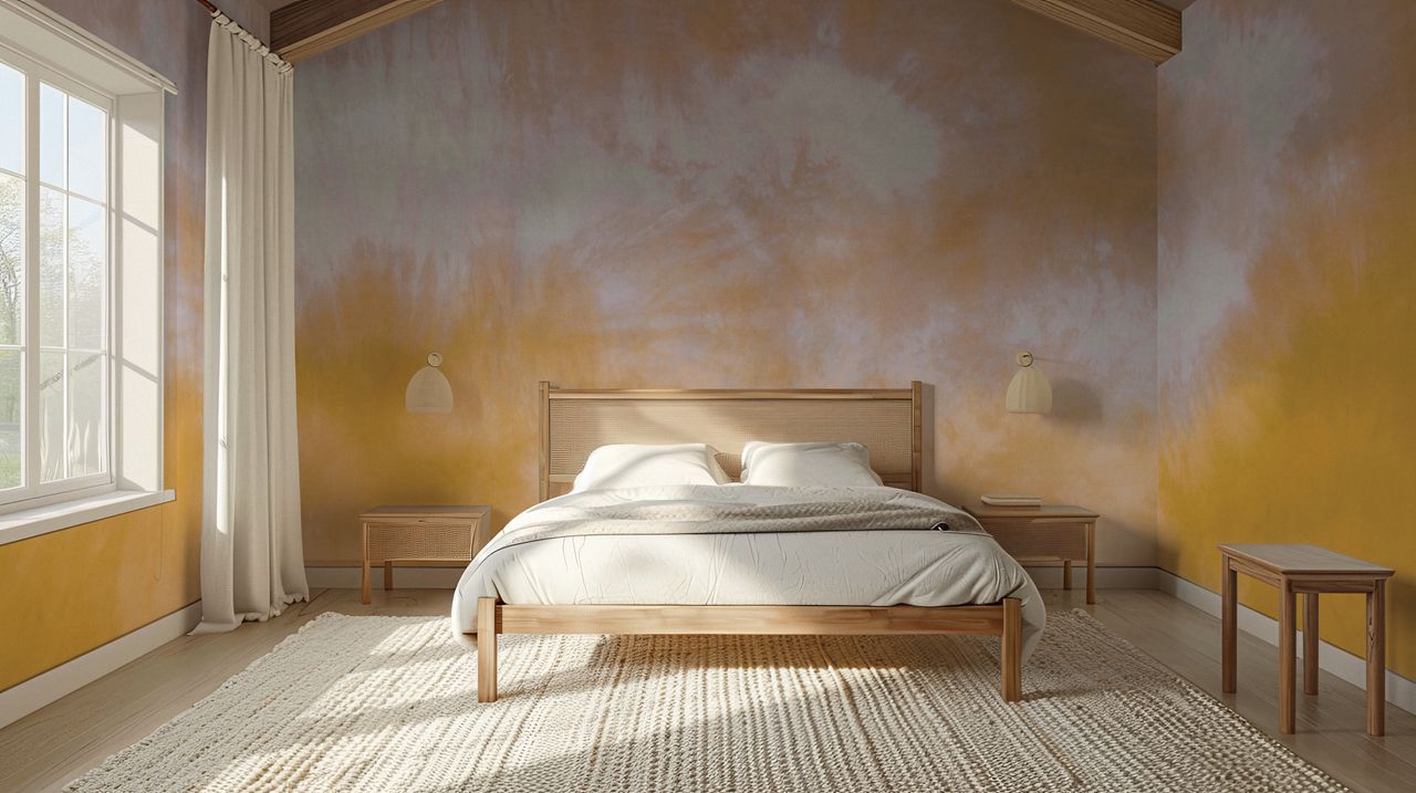 A bedroom with a silk-inspired "tumeric" wallpaper mural by Calico Wallpaper