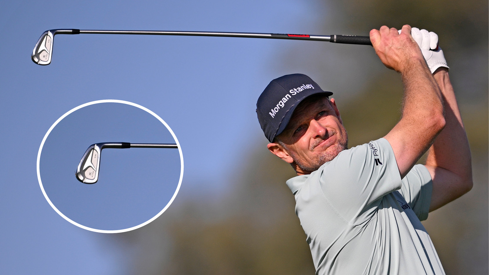 Justin Rose hits an iron shot and a close-up of his irons