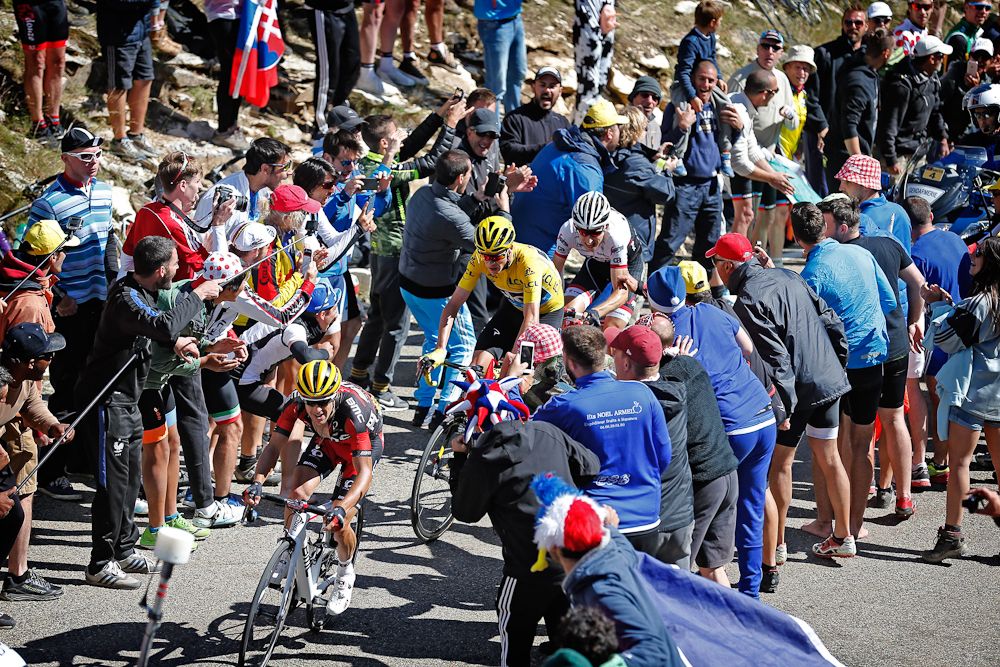 Richie Porte, Chris Froome and Bauke Mollema make their way through the crowds on Mont Ventoux
