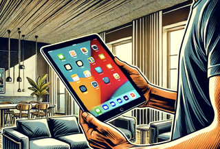 a person holding an iPad Mini 7 in a comic book style.
