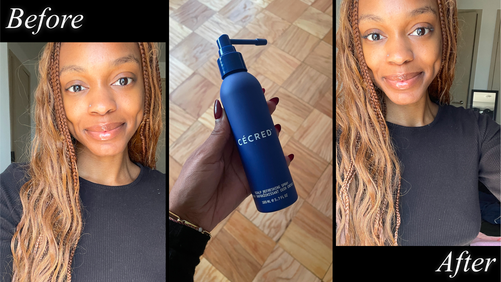 a person before and after testing the cecred scalp spray