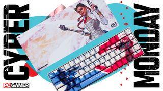 Higround mouse pad and keyboard on an abstract Cyber Monday background