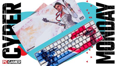 Higround mouse pad and keyboard on an abstract Cyber Monday background