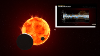 (Main) An illustration of the planet TRAPPIST-1e (inset) Data collected by the NIRSpec (Near-Infrared Spectrograph) instrument on NASA’s James Webb Space Telescope