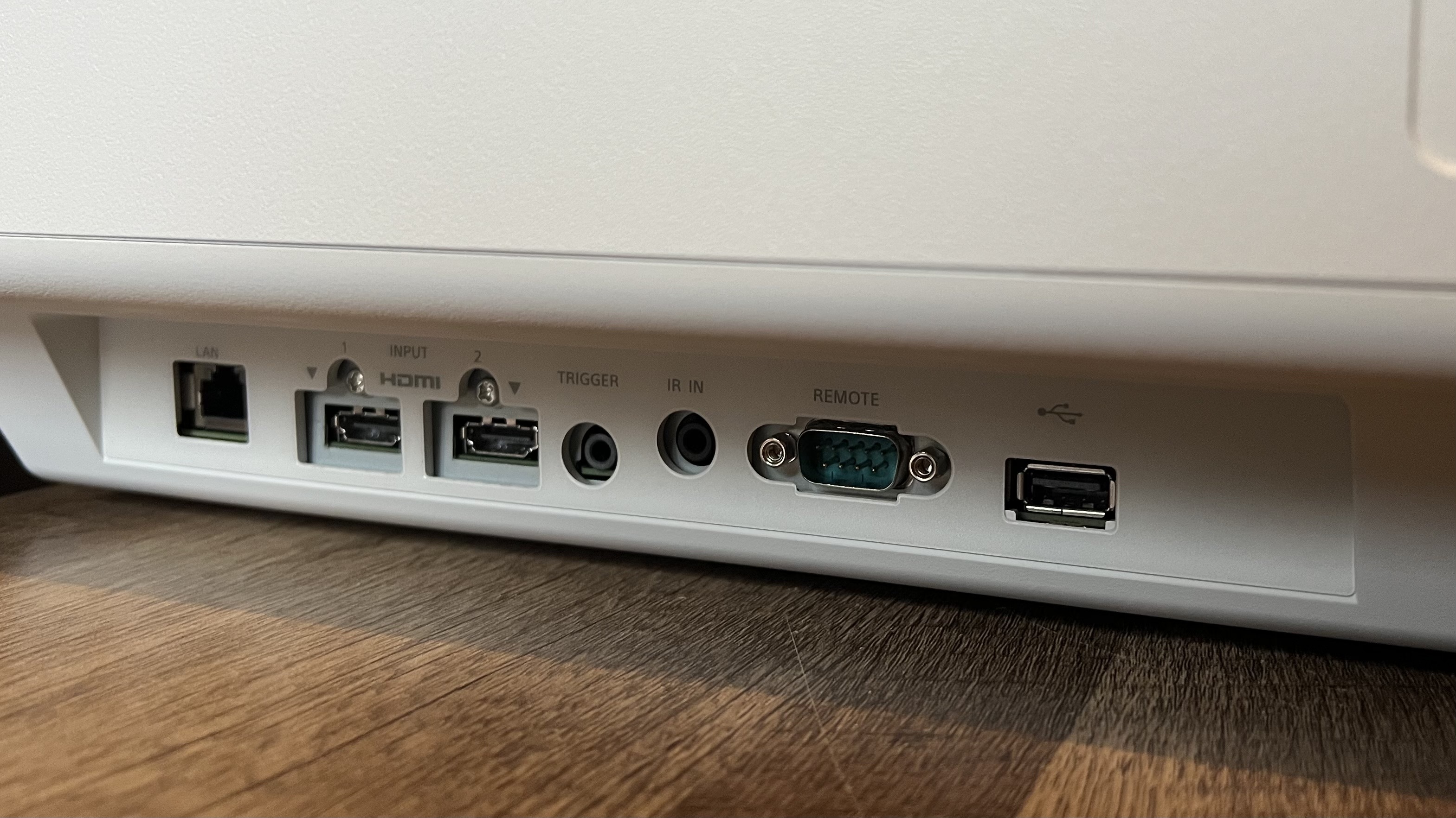 Close up on port selection on Sony BRAVIA Projector 8 (VPL-XW6100ES), showing overhang of main chassis