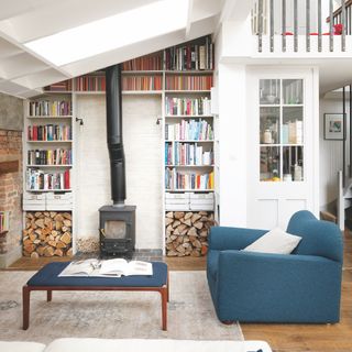 white living room with sloped ceiling and wood burner