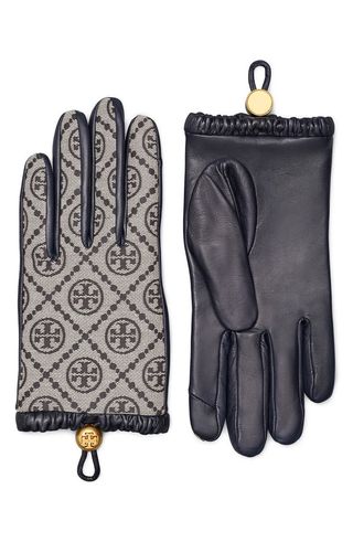 T Monogram Jacquard & Leather Gloves