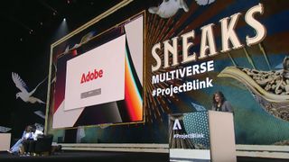 Woman speaking on Adobe Max stage