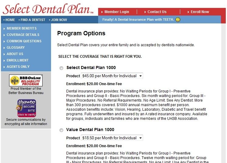 Select Dental image: This is the Program Option Page. Here, customers can choose which dental program would suit them financially.