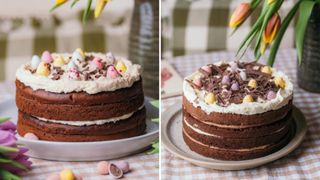 Two images of a chocolate cake decorated with mini eggs