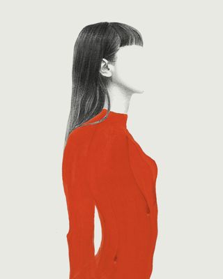 Pale grey background, side view of a faceless girl with long straight black hair with a fringe, red long sleeve top, looking straight ahead, arms by her side