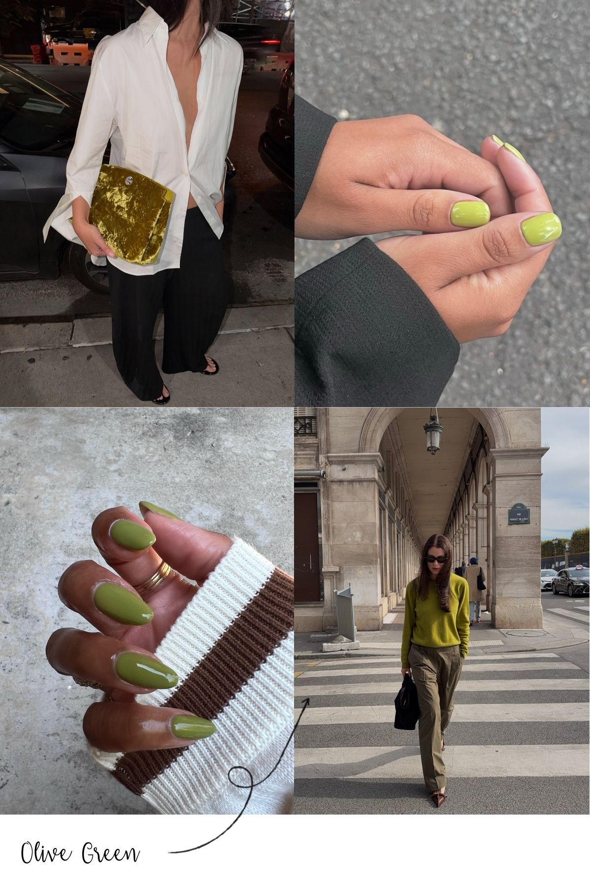 A collage of olive green outfits and olive green manicures