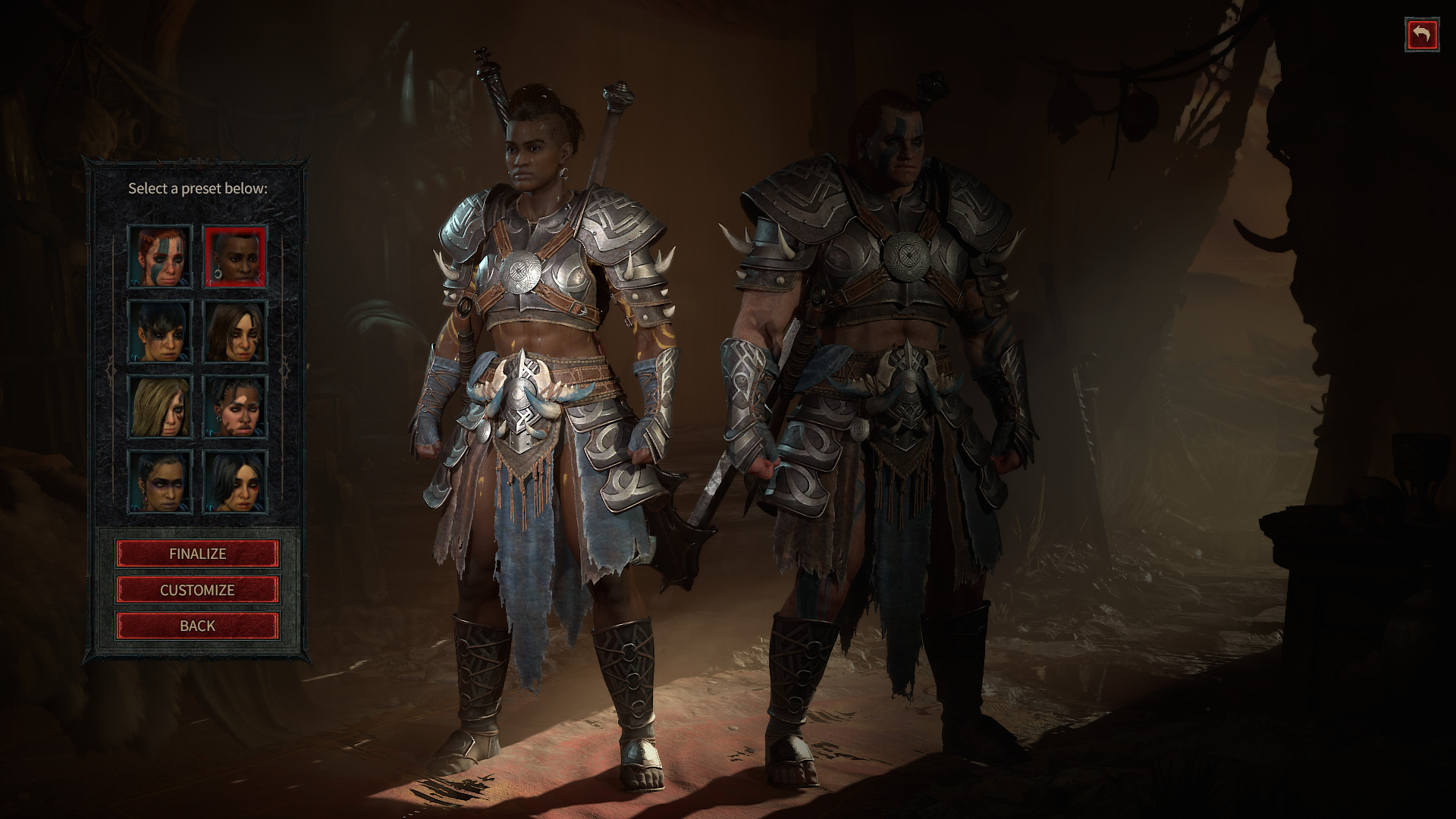 Diablo 4 character creation - two barbarians stand side by side with the otption to choose from eight preset characters.