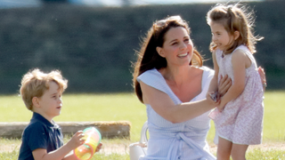 Prince George of Cambridge, Catherine, Duchess of Cambridge and Princess Charlotte of Cambridge attend the Maserati Royal Charity Polo Trophy at the Beaufort Polo Club on June 10, 2018 in Gloucester, England