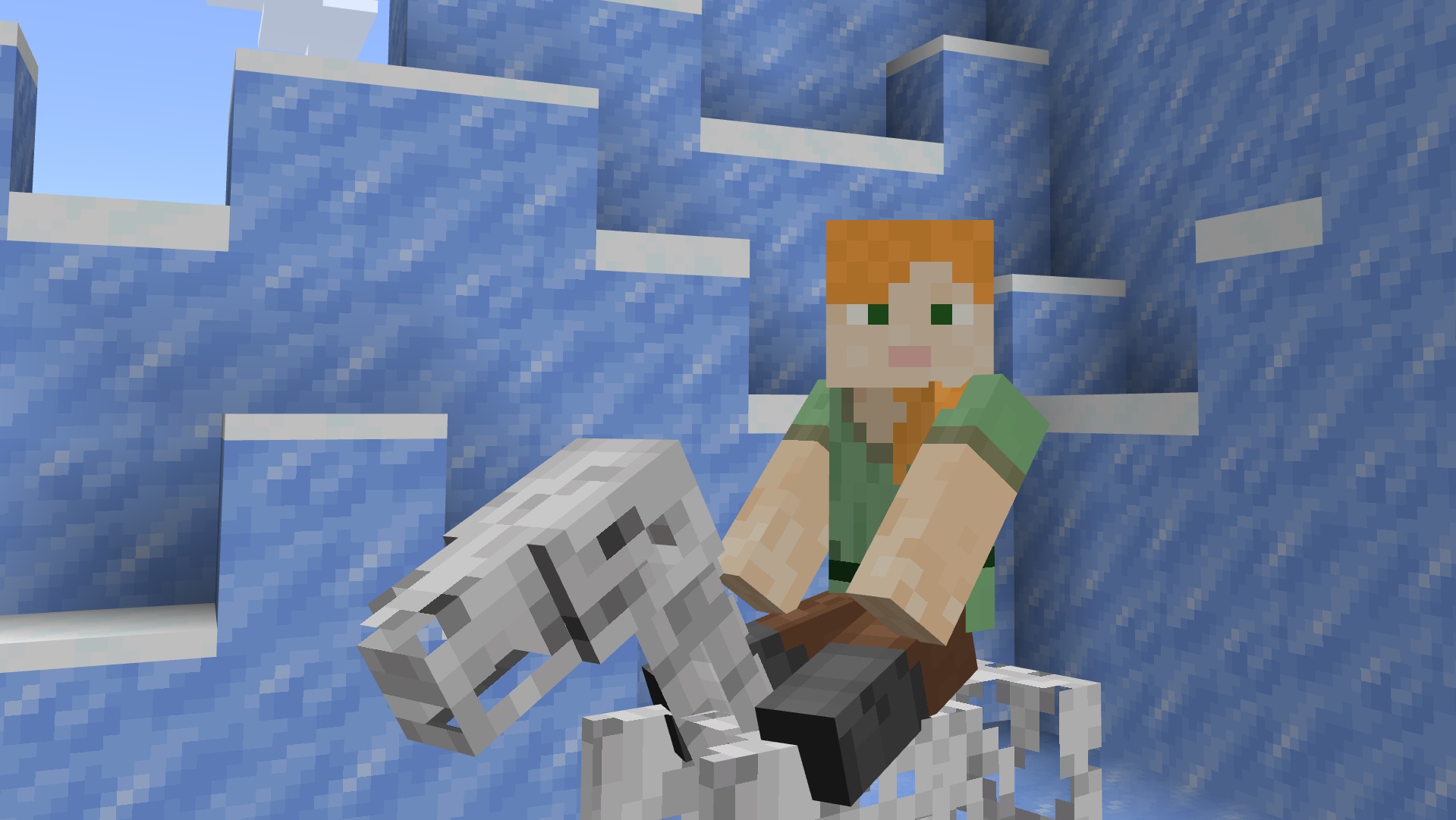 Commandes Minecraft - Alex chevauchant un cheval squelette devant un glacier