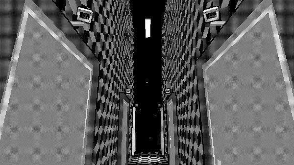 A scene from a black-and-white pixelated 3D video game inspired by Severance called Pager