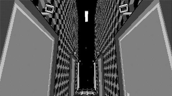 A scene from a black-and-white pixelated 3D video game inspired by Severance called Pager