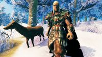 Valheim - Viking and a deer standing in the Meadows, there's also snow falling from a mod