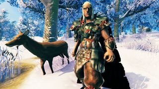 Valheim - Viking and a deer standing in the Meadows, there's also snow falling from a mod