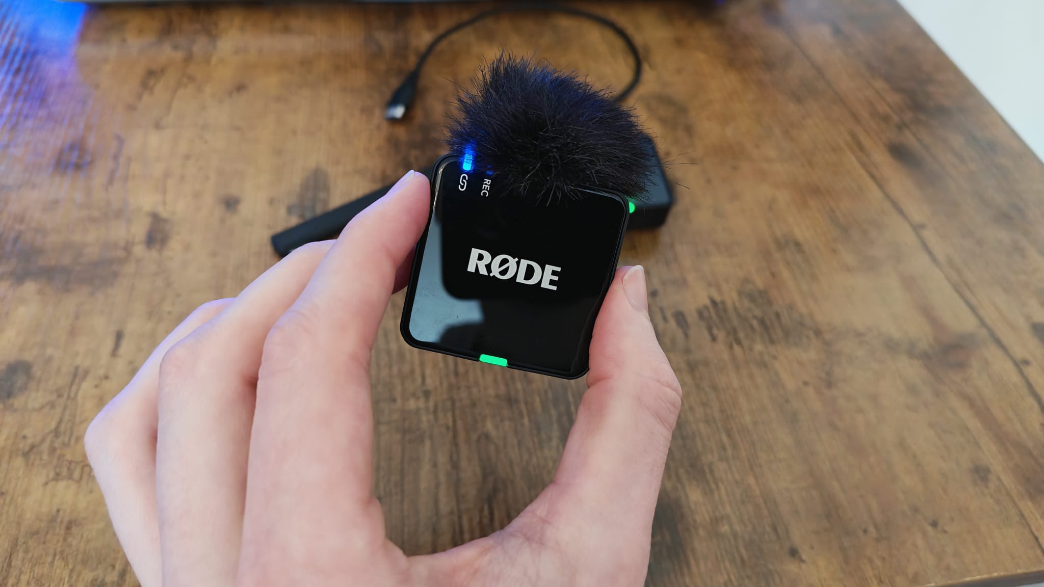 One of the Rode Wireless Go Gen 3 mics with its wind sock on
