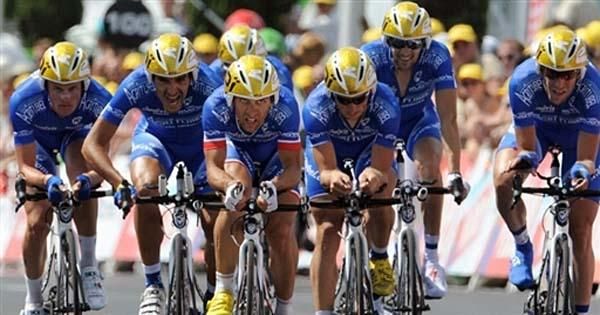 French cycling team Agritubel's riders, including team leader Christophe Moreau, at the finish of the team time trial