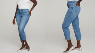 best mom jeans from Good American called the Good Mom. Tapered leg, light blue wash with ankle crop finish