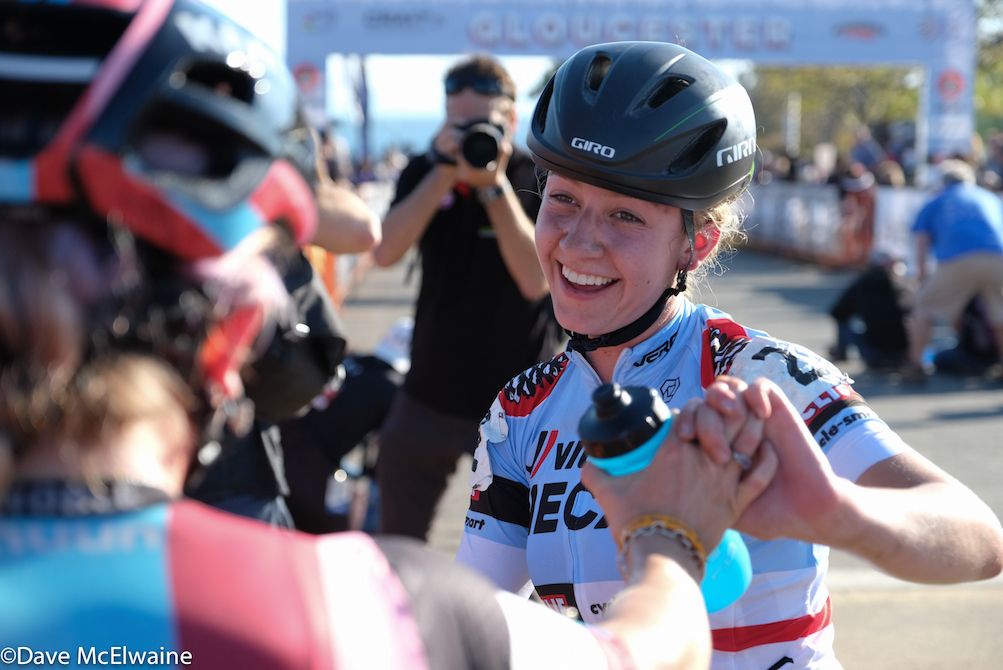 Emma White (Cannondale) congratulates Noble on her victory
