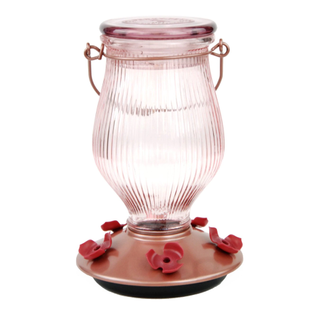 A light pink and rose gold ribbed glass hummingbird feeder